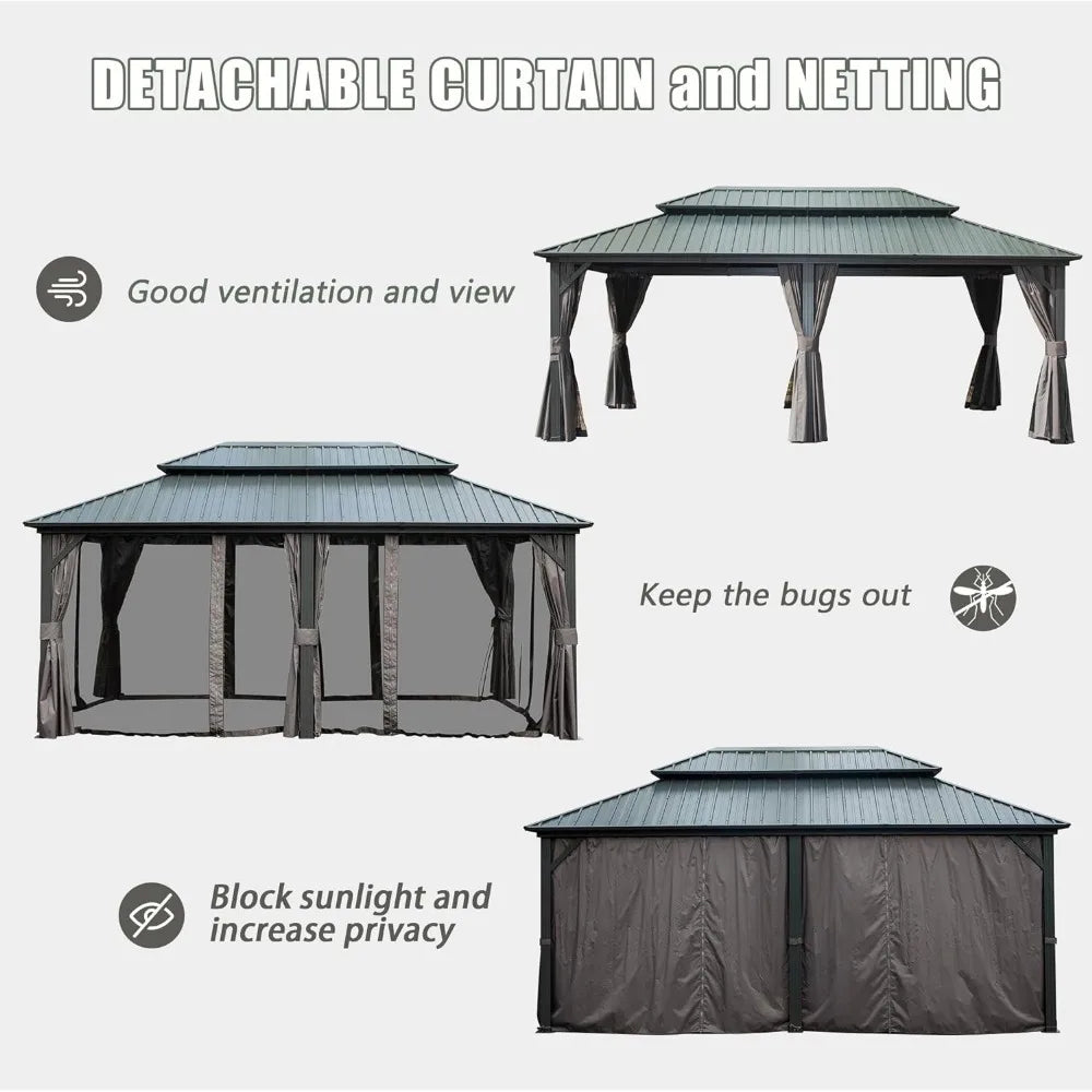 12’ X 20’ Hardtop Gazebo Canopy with Netting &Curtains, Outdoor Aluminum Gazebo with Galvanized Steel Double Roof for Patio Lawn