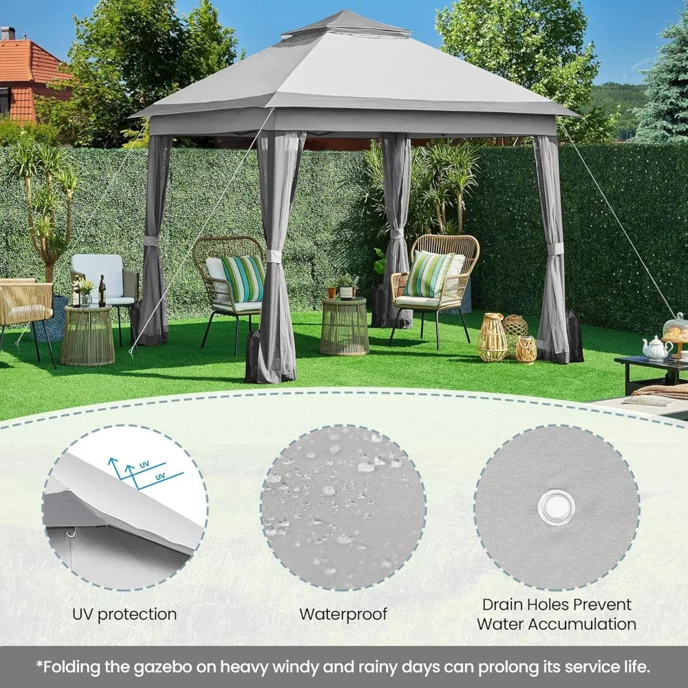 11x11 Pop Up Gazebo Outdoor Canopy Shelter, Instant Patio Gazebo Sun Shade Canopy Tent with 4 Sandbags, 2 Tiers Roof & Mesh