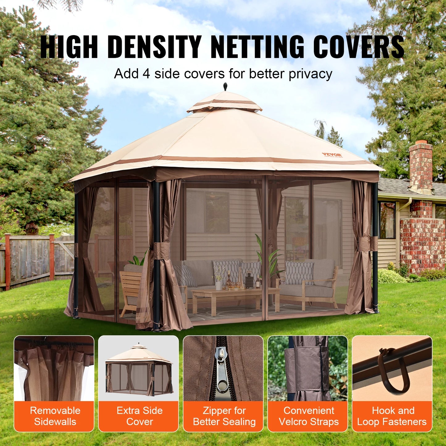 VEVOR 11x11ft/10x10ft/10x13ft Portable Gazebo PU Coated 250D Garden Market Waterproof Collapsible Canopy Party Tent for Outdoor