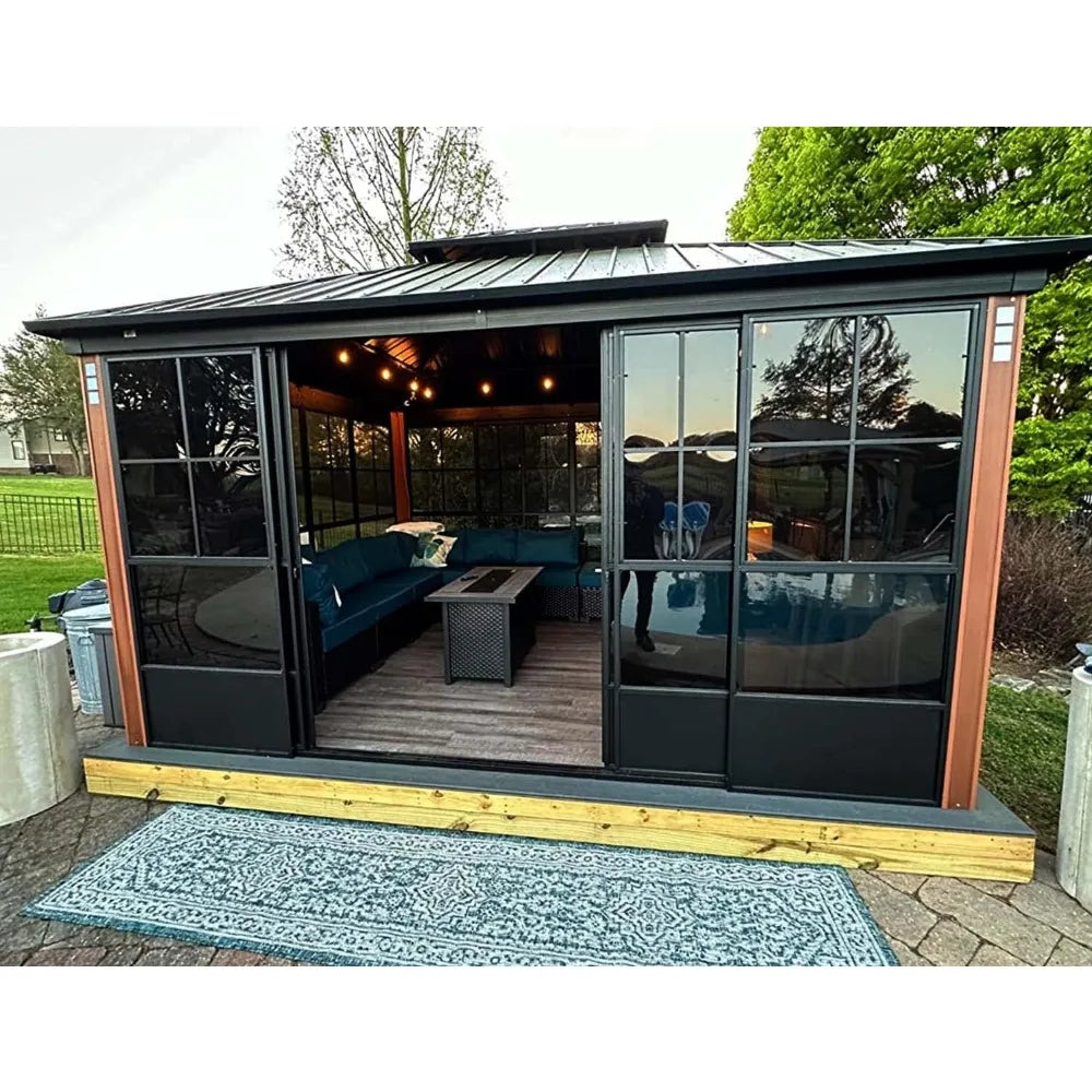 12' X 14' Patio Hardtop Gazebo Double Top Outdoor Screen House Aluminum Solarium Backyard Sun Room with Detachable Windows