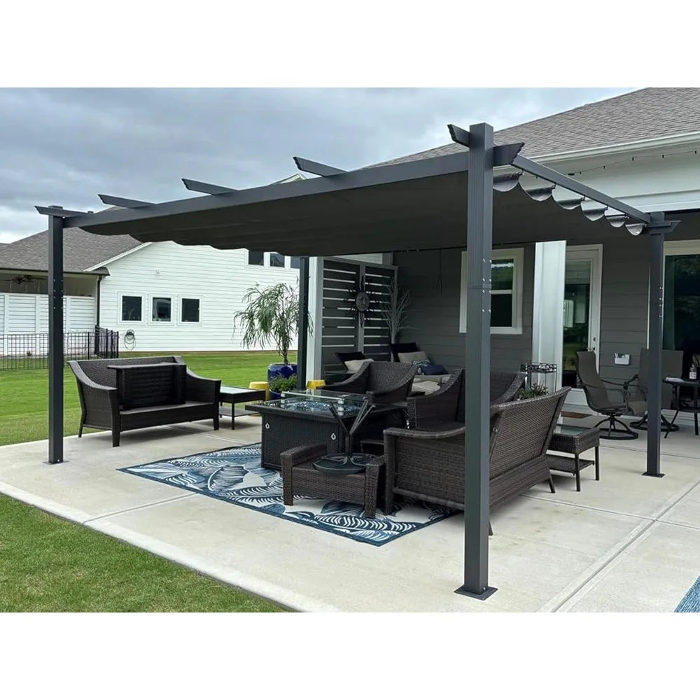 12'X16'Outdoor Pergola with Retractable Canopy Aluminum Shelter Porch Garden Beach Sun Shade Pavilion Grape Trellis Grill Gazebo