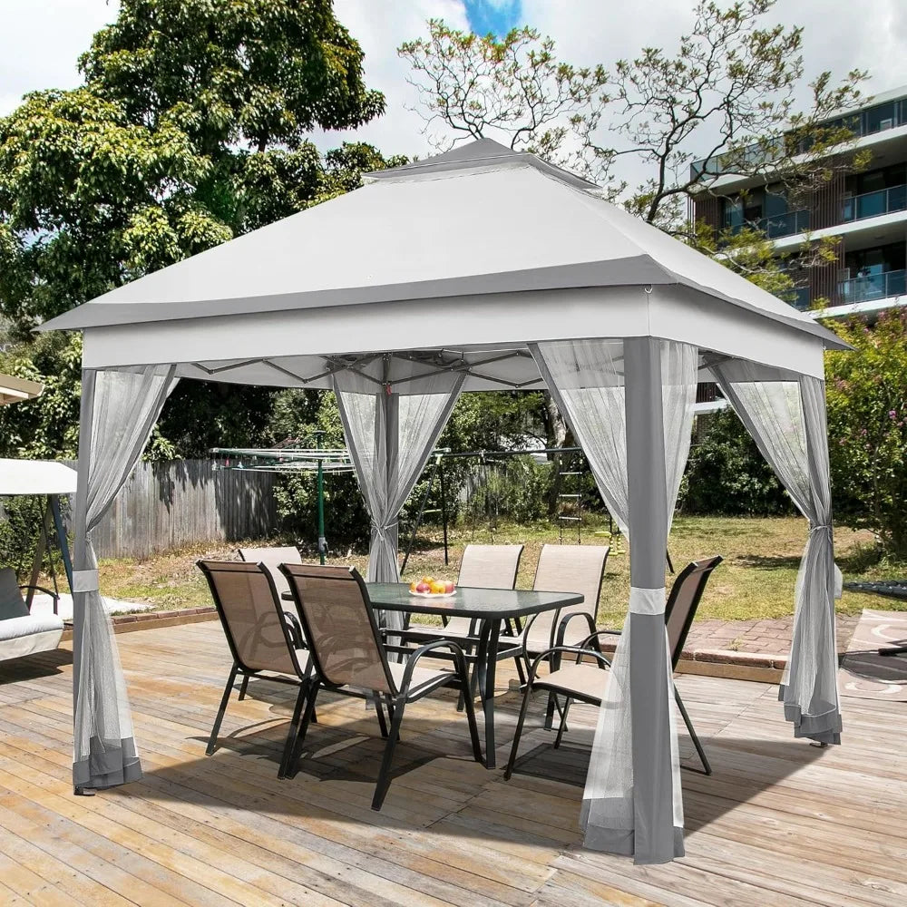 11x11 Pop Up Gazebo Outdoor Canopy Shelter, Instant Patio Gazebo Sun Shade Canopy Tent with 4 Sandbags, 2 Tiers Roof & Mesh