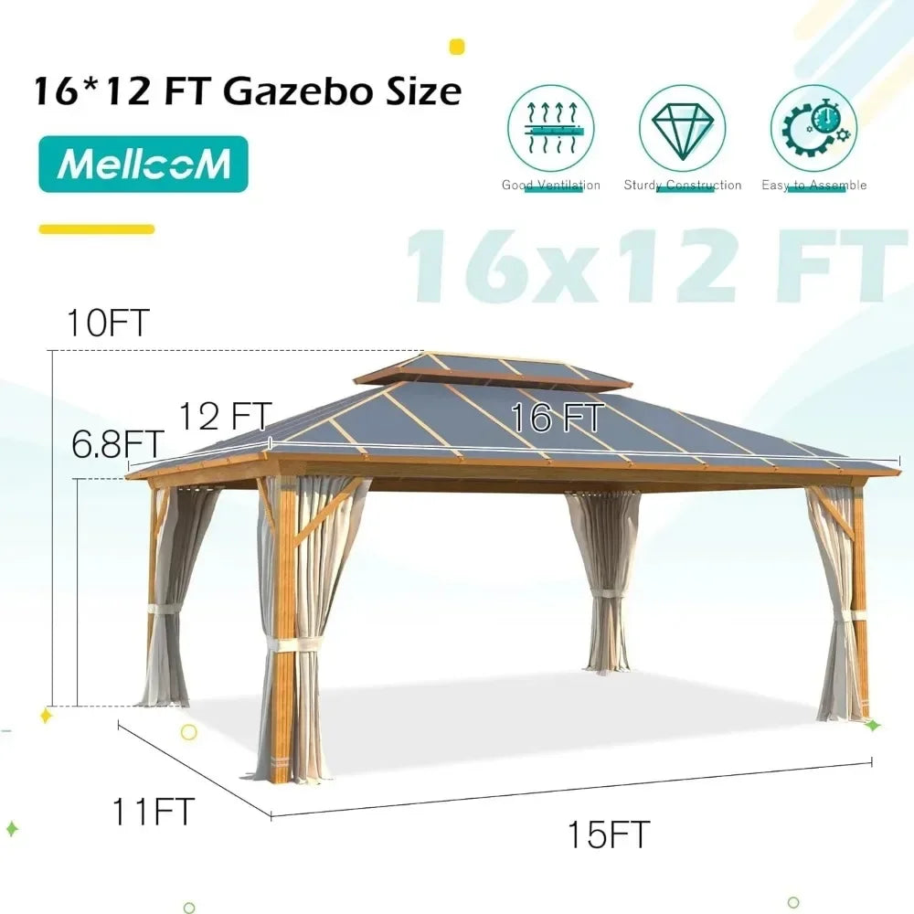 12x16FT Hardtop Gazebo, Coated Aluminum Patio Gazebo with Aluminum Composite Double Roof, Curtains and Netting Included, Canopy