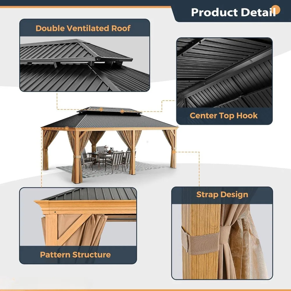 12' x 20' Hardtop Gazebo, Outdoor Wood Grain Aluminum Gazebo with Galvanized Steel, Gazebo Canopy with Netting and Curtains