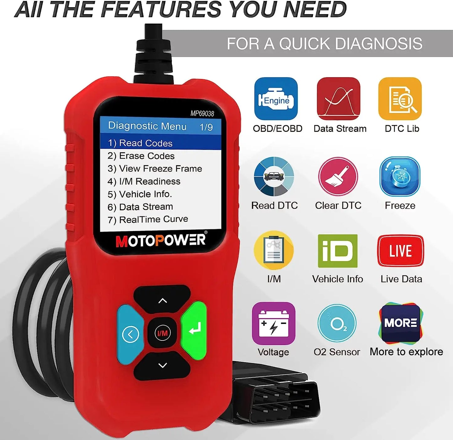 MOTOPOWER MP69038 Car OBD2 Scanner Code Reader Engine Fault Code Reader Scanner CAN Diagnostic Scan Tool - Elite Edition