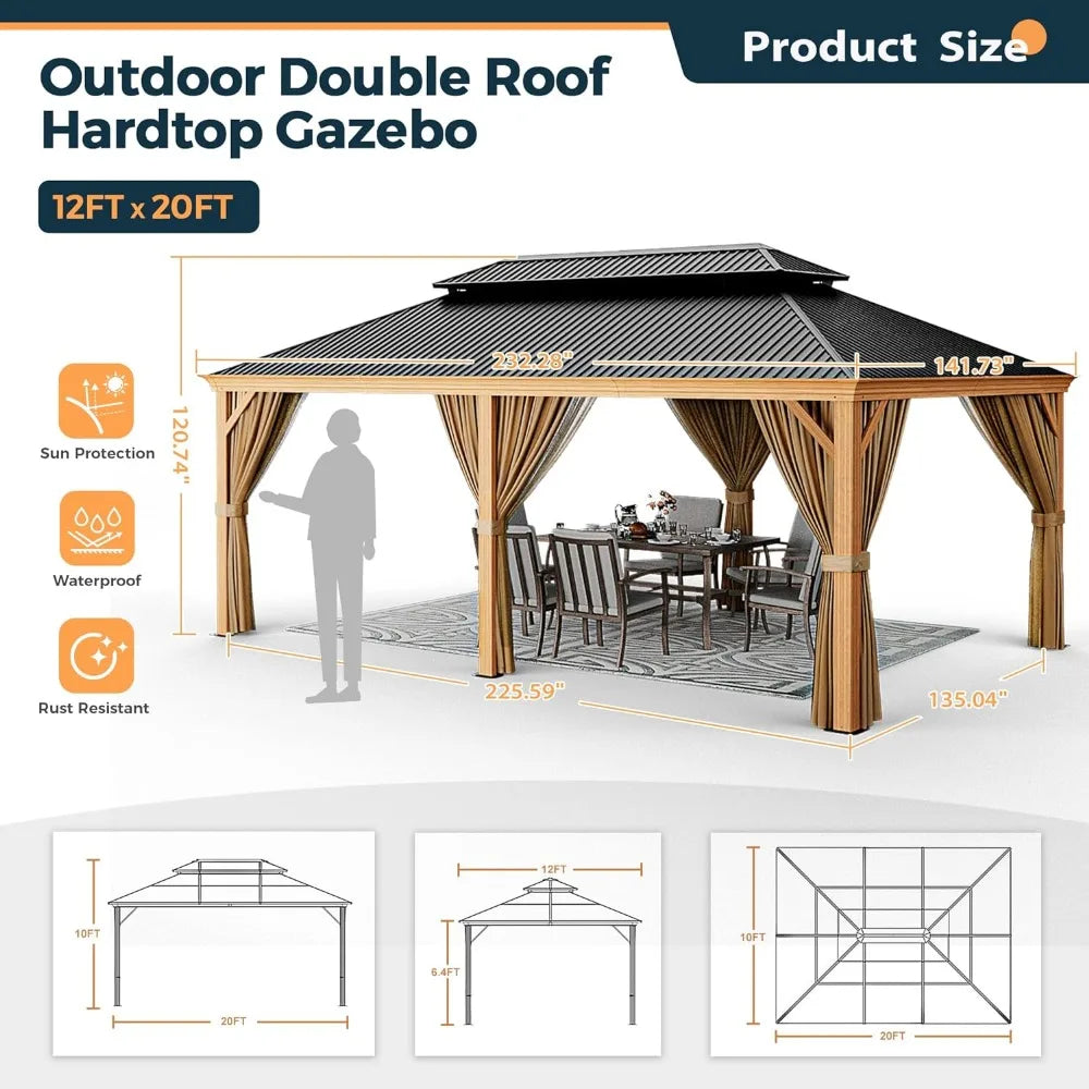 12' x 20' Hardtop Gazebo, Outdoor Wood Grain Aluminum Gazebo with Galvanized Steel, Gazebo Canopy with Netting and Curtains