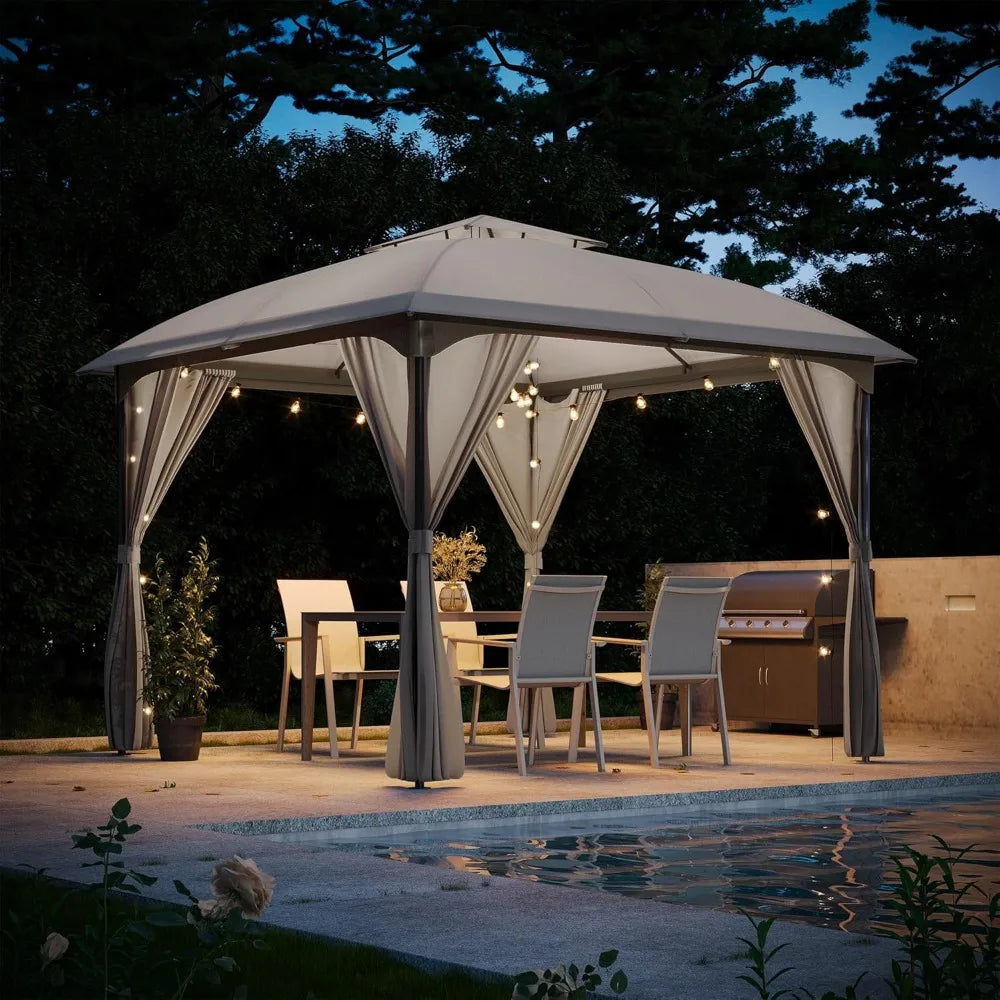 HOME Patio Arc Gazebo Outdoor Canopy Tent 10'x10', Party Tent Shelter with Curtains & Expansion Bolts and Wind-Resistant Ropes