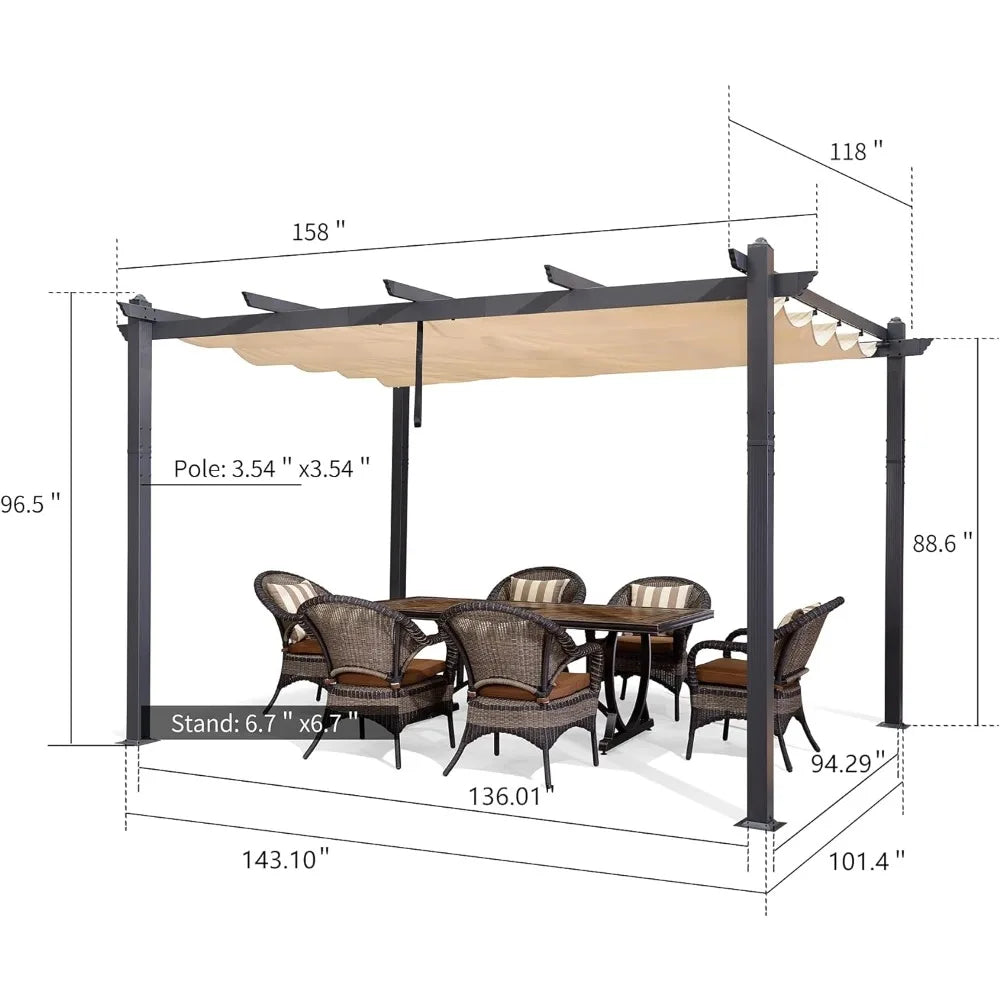 10' X 13' Outdoor Retractable Pergola with Shade Canopy Patio Metal Shelter for Porch Garden Modern Yard Grape Trellis Pergola