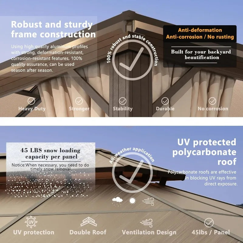 10'x12' Hardtop Gazebo Double Roof Gazebo Aluminum Frame Permanent Pavilion with Netting and Curtains Outdoor Polycarbonate