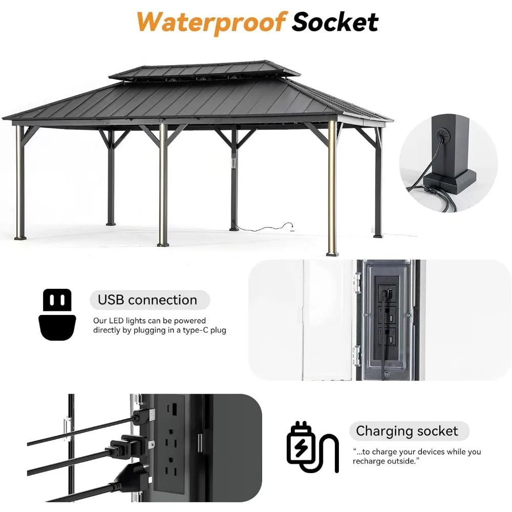 12' x 20' Gazebo with 6 LED Lights, Outdoor Gazebo with Galvanized Steel Double Roof, Netting and Curtains for Patios gazebo