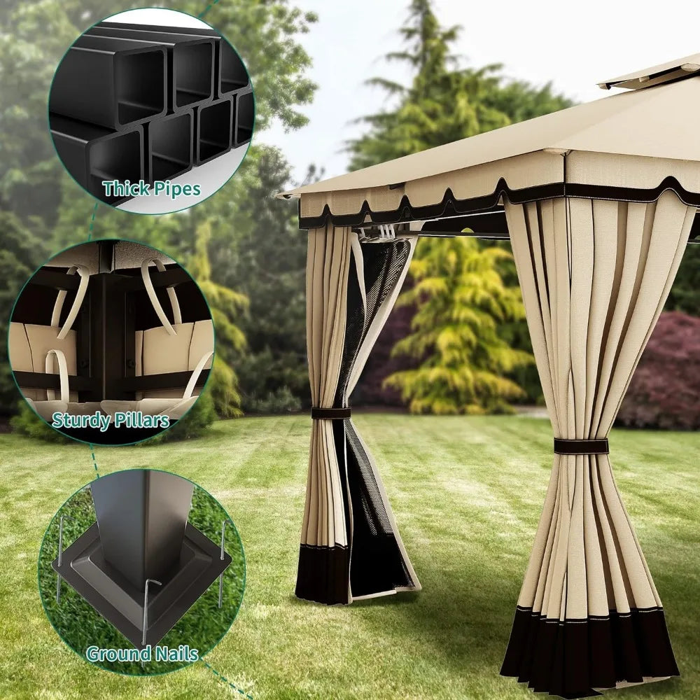 10x12ft Gazebo for Patios Outdoor Double Roof Canopy Gazebo with Netting & Curtains, Soft Fabric Top Garden Winds Tent