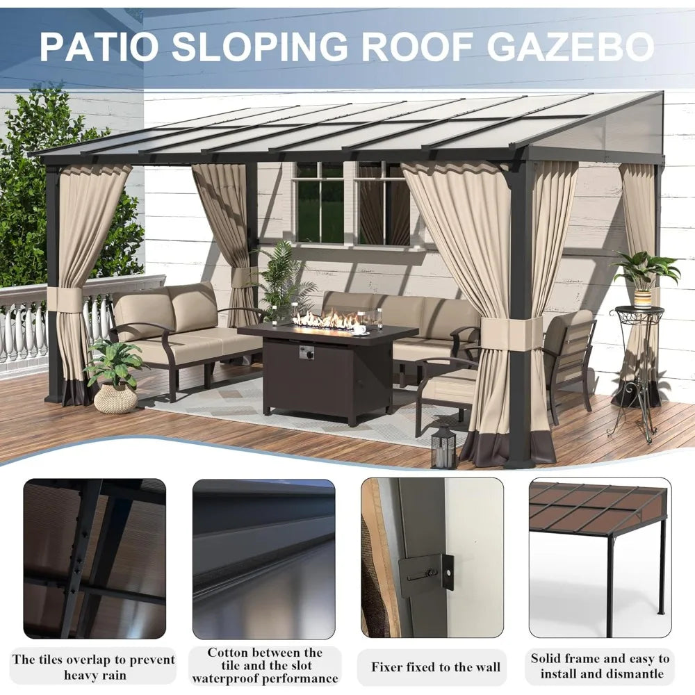 Outdoor Lean to Gazebo,Hardtop Wall Mounted Gazebo, Awnings for Patio with Metal Frame,Double Curtains for Garden,Lawn,Backyard