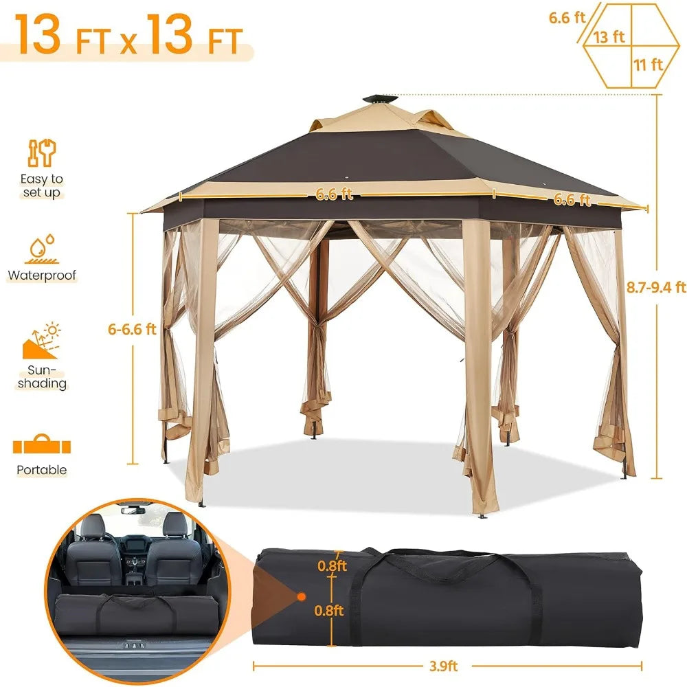 13x13 Pop-up Patio Gazebo Tent W/Mesh Netting Sides & 25 Solar LED Lights, Hexagonal Double Vented 3 Height Adjustable Gazebo