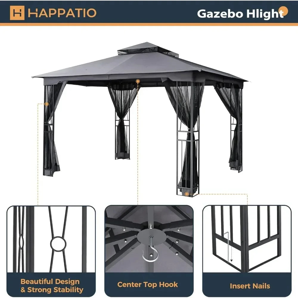 10 X 12 FT Outdoor Patio Gazebo with Ventilation Double Roof, Outdoors Gazebos with Mosquito Netting, Outdoor Patios Gazebo