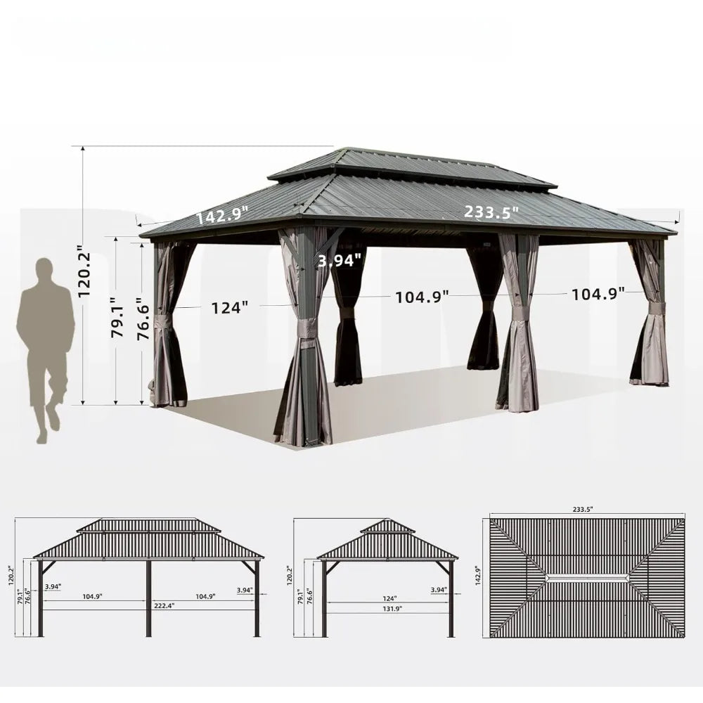 12’ X 20’ Hardtop Gazebo Canopy with Netting &Curtains, Outdoor Aluminum Gazebo with Galvanized Steel Double Roof for Patio Lawn