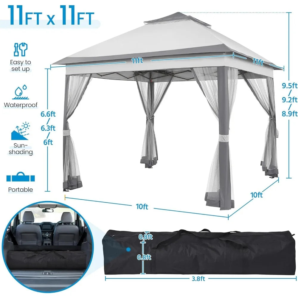 11x11 Pop Up Gazebo Outdoor Canopy Shelter, Instant Patio Gazebo Sun Shade Canopy Tent with 4 Sandbags, 2 Tiers Roof & Mesh