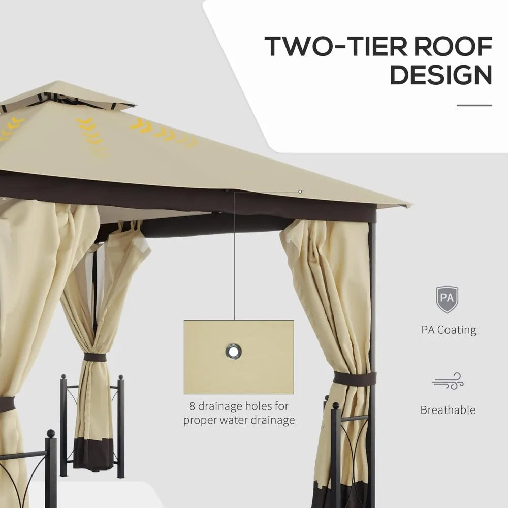 11' x 13' Patio Gazebo, Double Roof Outdoor Gazebo Canopy Shelter with Netting & Curtains, Steel Corner Columns for Garden