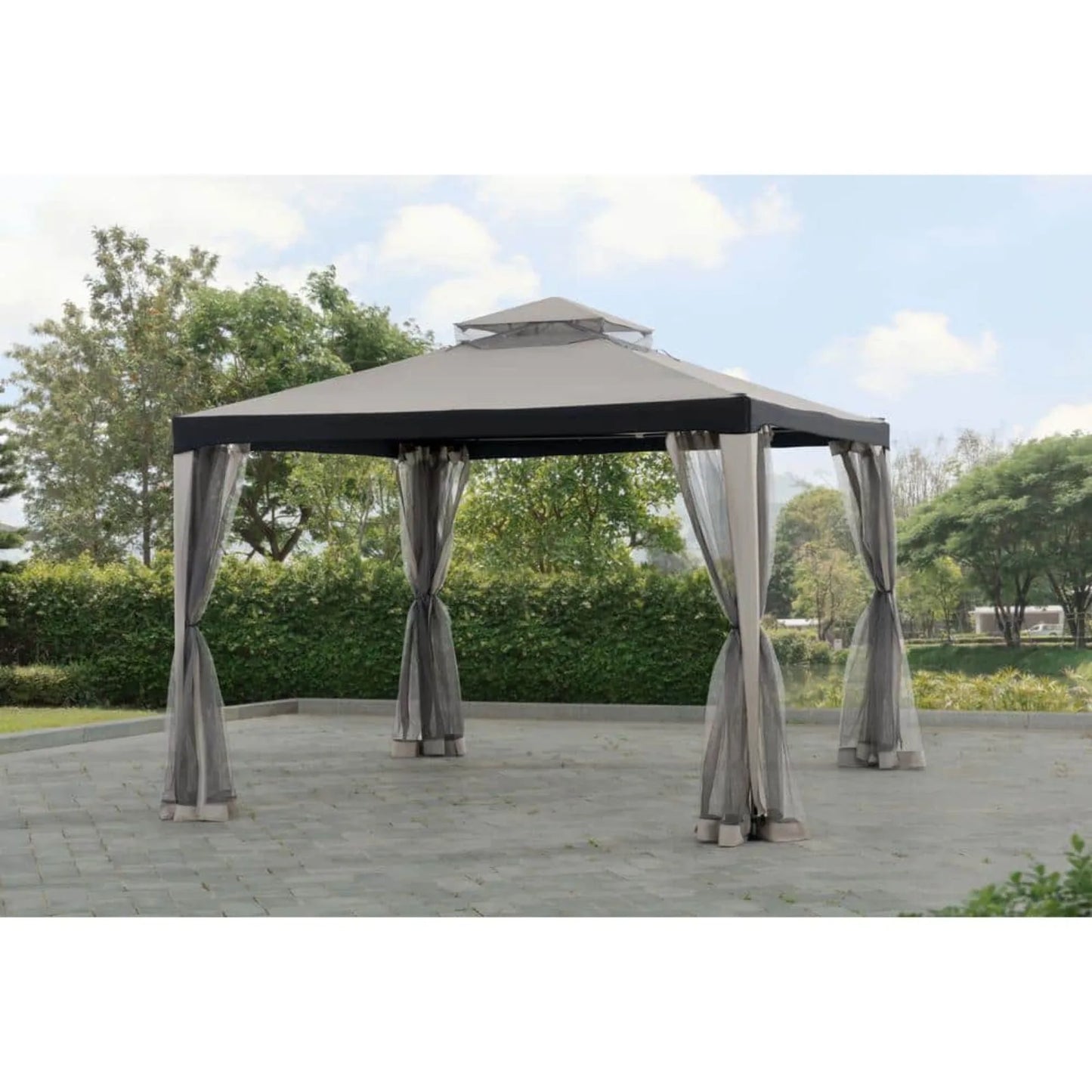 US 10 ft. x 10 ft. Outdoor Patio Gazebo, Outdoor Backyard Modern Grey 2-Tier Steel Frame Soft Top Gazebo with Mesh Netting