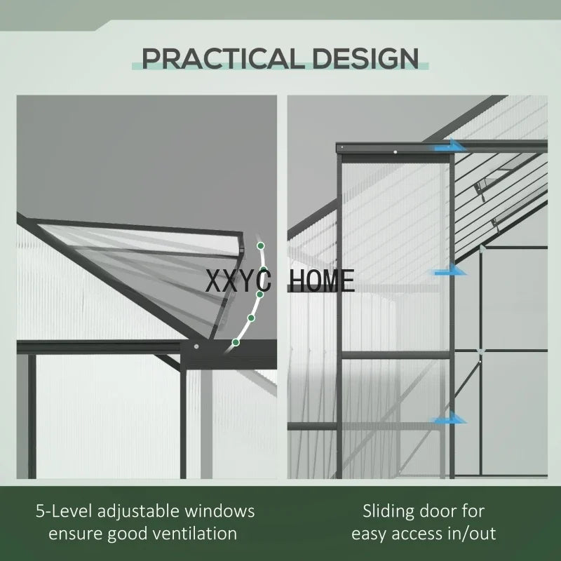 20'x 8 'aluminum greenhouse, polycarbonate walk-in garden sunroom with adjustable roof ventilation, winter plant warm house