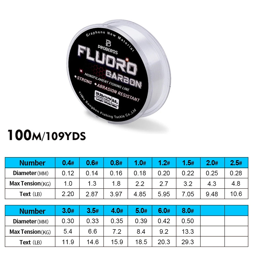 PROBEROS 100M Fluorocarbon Coating Fishing Line 2.2LB-29.3LB Carbon Fiber Monofilament Leader Line Carp Fishing Sinking Line