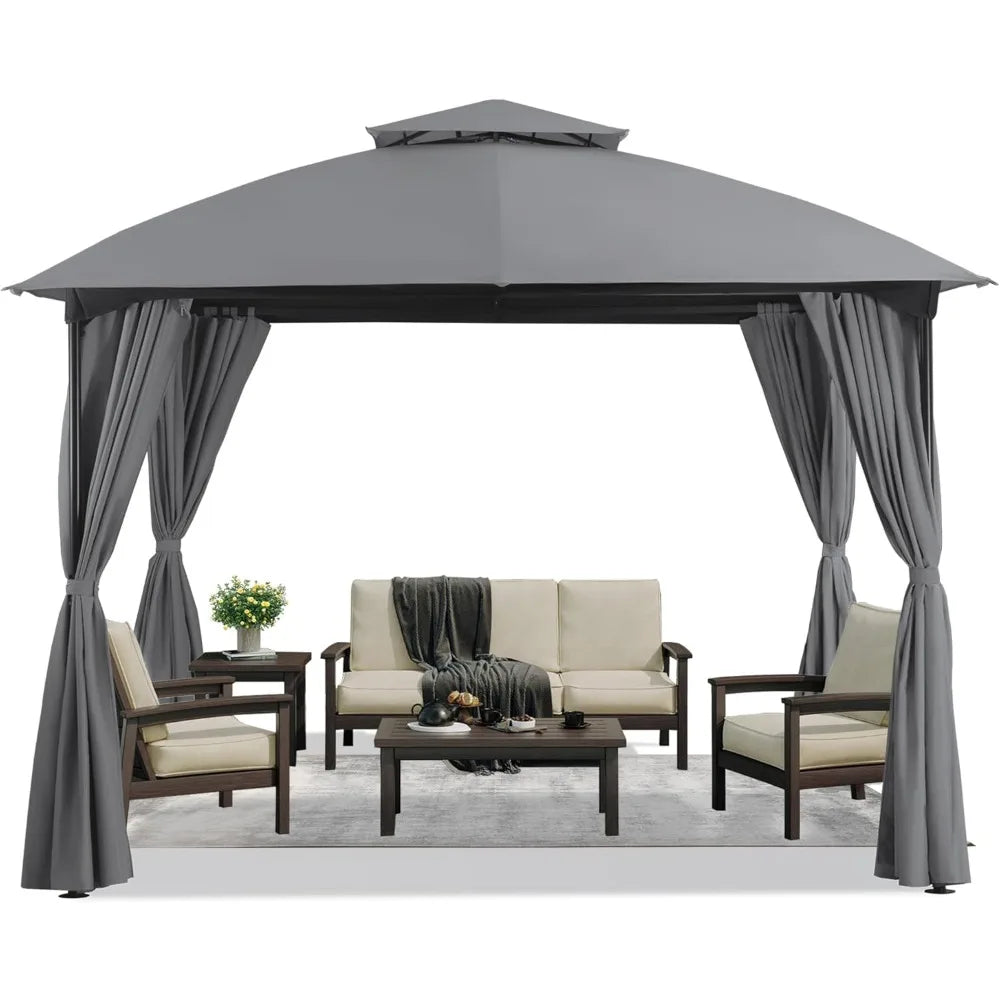 HOME Patio Arc Gazebo Outdoor Canopy Tent 10'x10', Party Tent Shelter with Curtains & Expansion Bolts and Wind-Resistant Ropes