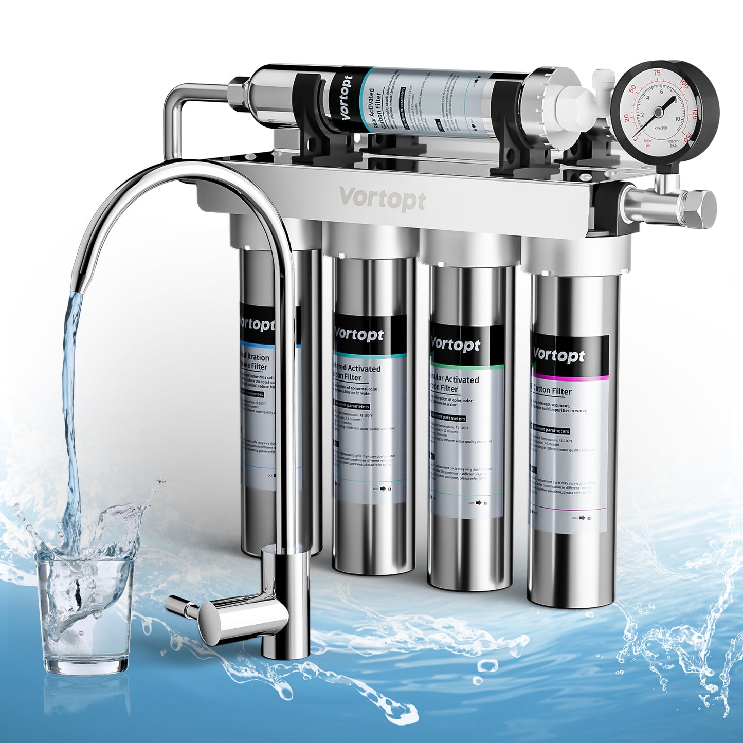 Under Sink Water Filter - Stainless Steel Water Filter System, 0.01μm Filtration, 5-Stage Undersink Water Filtration, Reduces Baçtёria, Lead, Chlorine, Bad Taste & Odor, U1