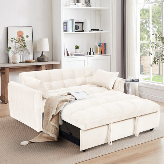 [SantaChoice] 64.9"3-in-1 foldable large size sofa bed, modern velvet double sofa, sofa bed with adjustable back, storage bag and pillow, suitable for living room, bedroom (beige)