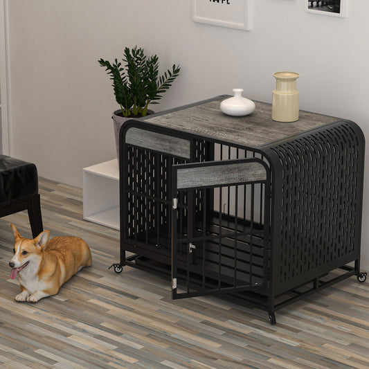 Heavy Duty Dog Crate Furniture Wooden Table Pet Dog Cage Kennel House Indoor Side End Table Decor with Removable Trays and Lockable Wheels for Small Dogs 33" Grey