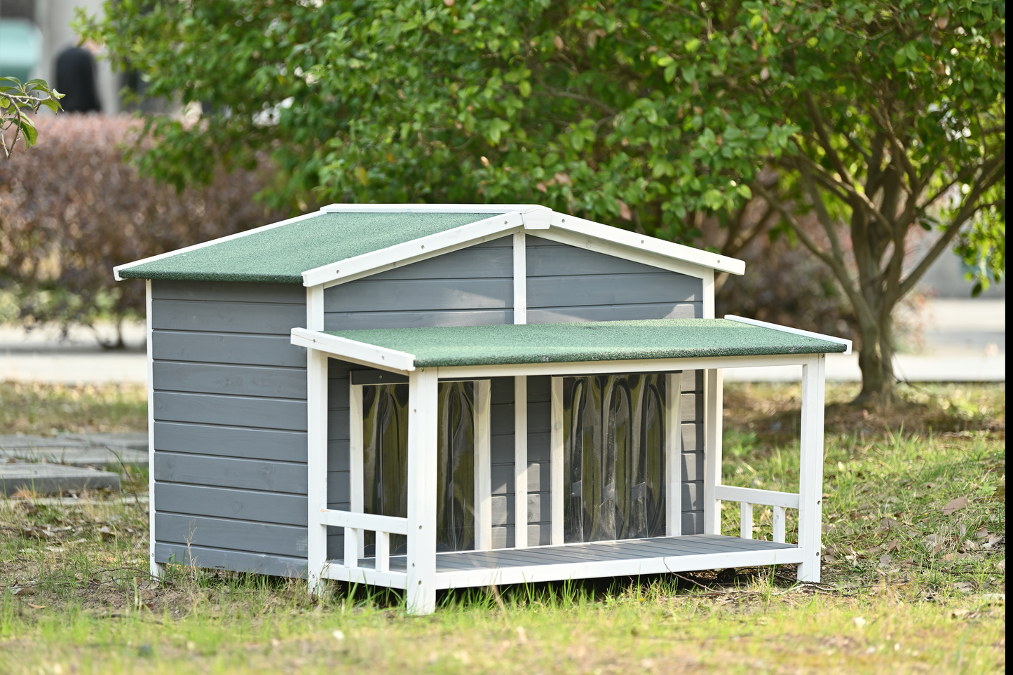 GO 47.2" Large Wooden Dog House Outdoor, Outdoor & Indoor Dog Crate, Cabin Style, With Porch, 2 Doors, Gray And Green