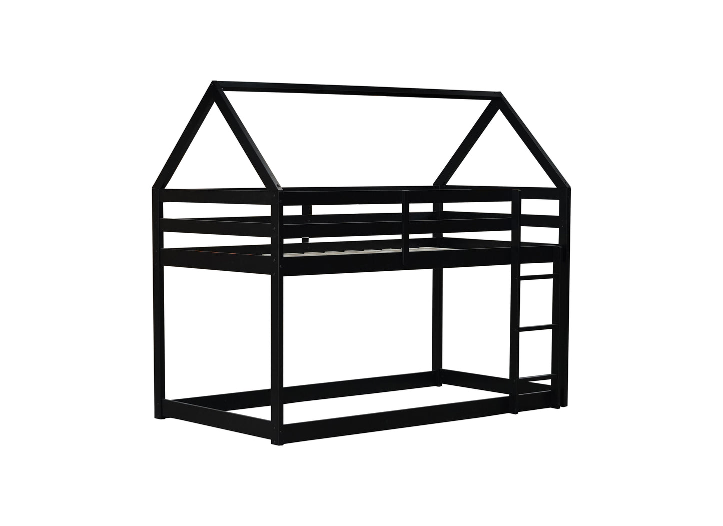 Twin over Twin Rubber Wood Floor Bunk Bed, with ladder,Guardrails,House-Shaped-Bunk Bed, Black