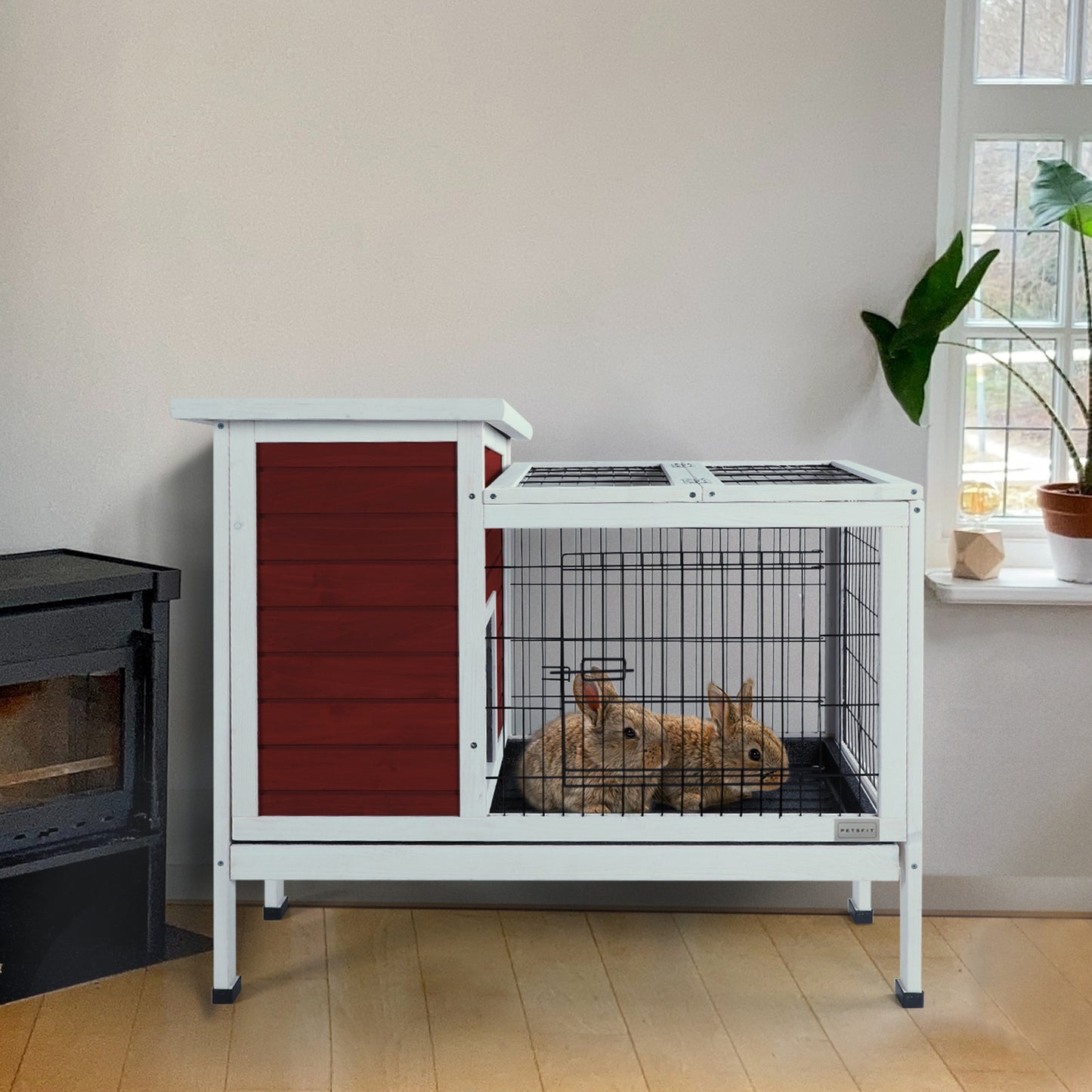 Two-Tier Wooden Indoor/Outdoor Rabbit Cage for Small Animals with Runway and Leak-Proof Plastic Tray,Red