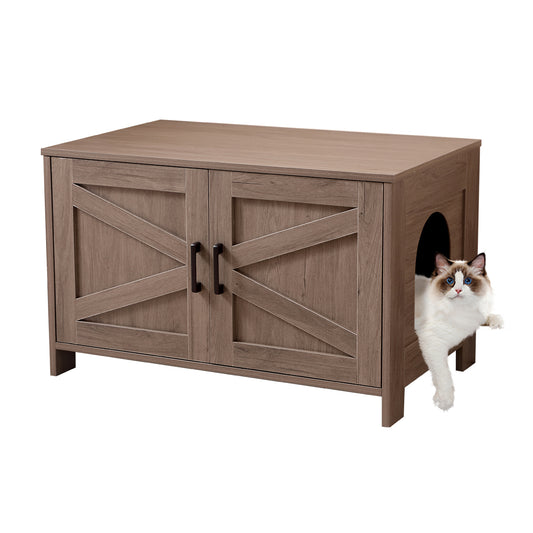 Cat Litter Box Enclosure, Litter Box Furniture Hidden with Barn Door, Wooden Cat Washroom Furniture, Cat House, End Table, Fit Most of Litter Box, Greige