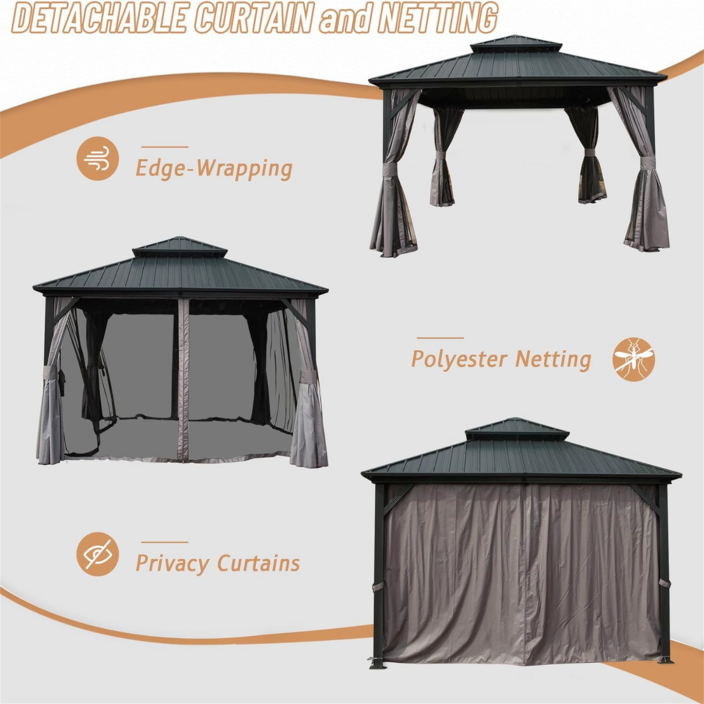 [SantaChoice] 12' X 12' Hardtop Gazebo, Aluminum Metal Gazebo with Galvanized Steel Double Roof Canopy, Curtain and Netting, Permanent Gazebo Pavilion for Patio, Backyard, Deck, Lawn