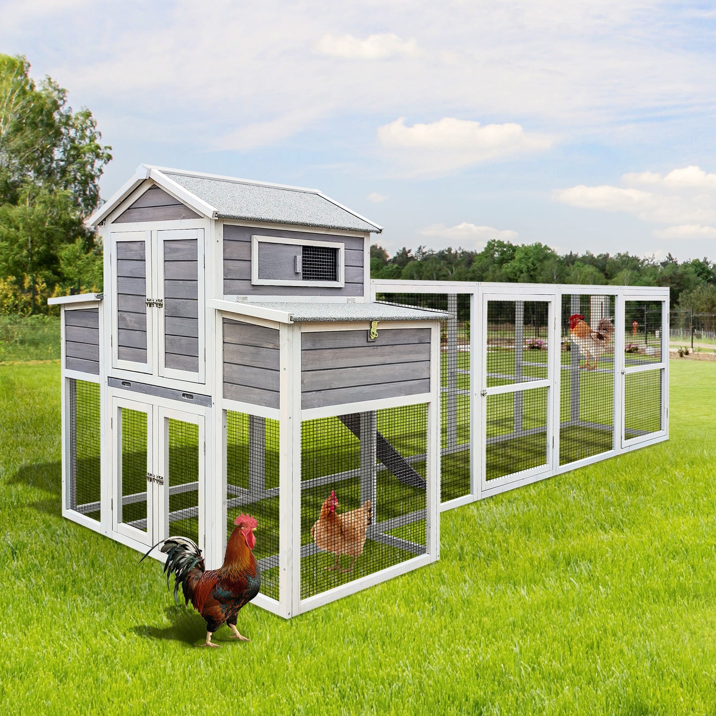 150＂Chicken Coop Extra Large Chicken House, Outdoor Wooden Hen House Black Rust-proof Metal Wire Poultry Cage with Two Nesting Boxes, 5 Perches