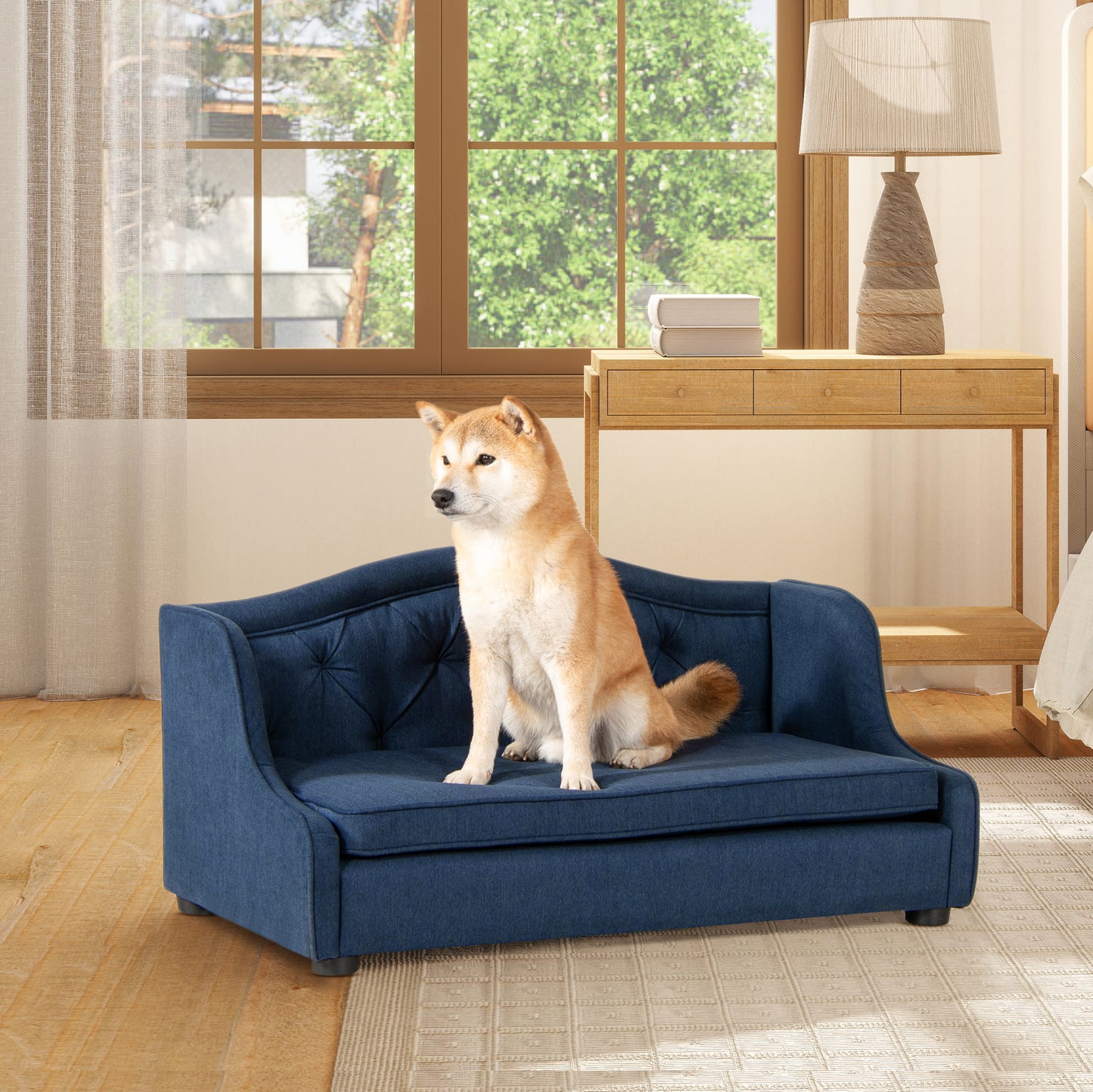 Robin 35" Tufted Wingback Pet Sofa Bed, Medium, Pacific Blue Stain Resistant High Performance Polyester