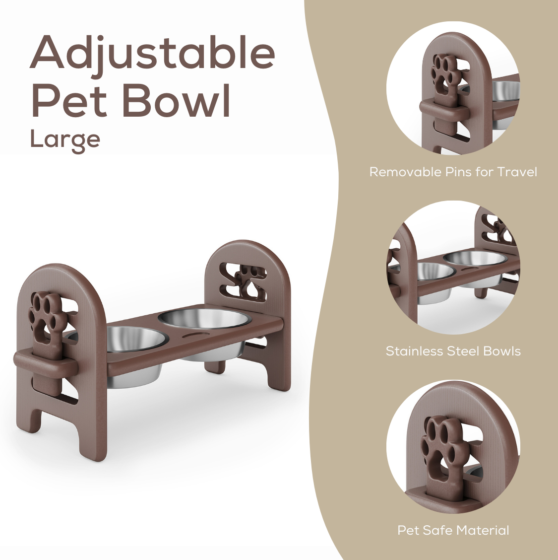 Brown Adjustable Pet Bowl Travel Ready HDPE Durable Poly Lumber Recycled