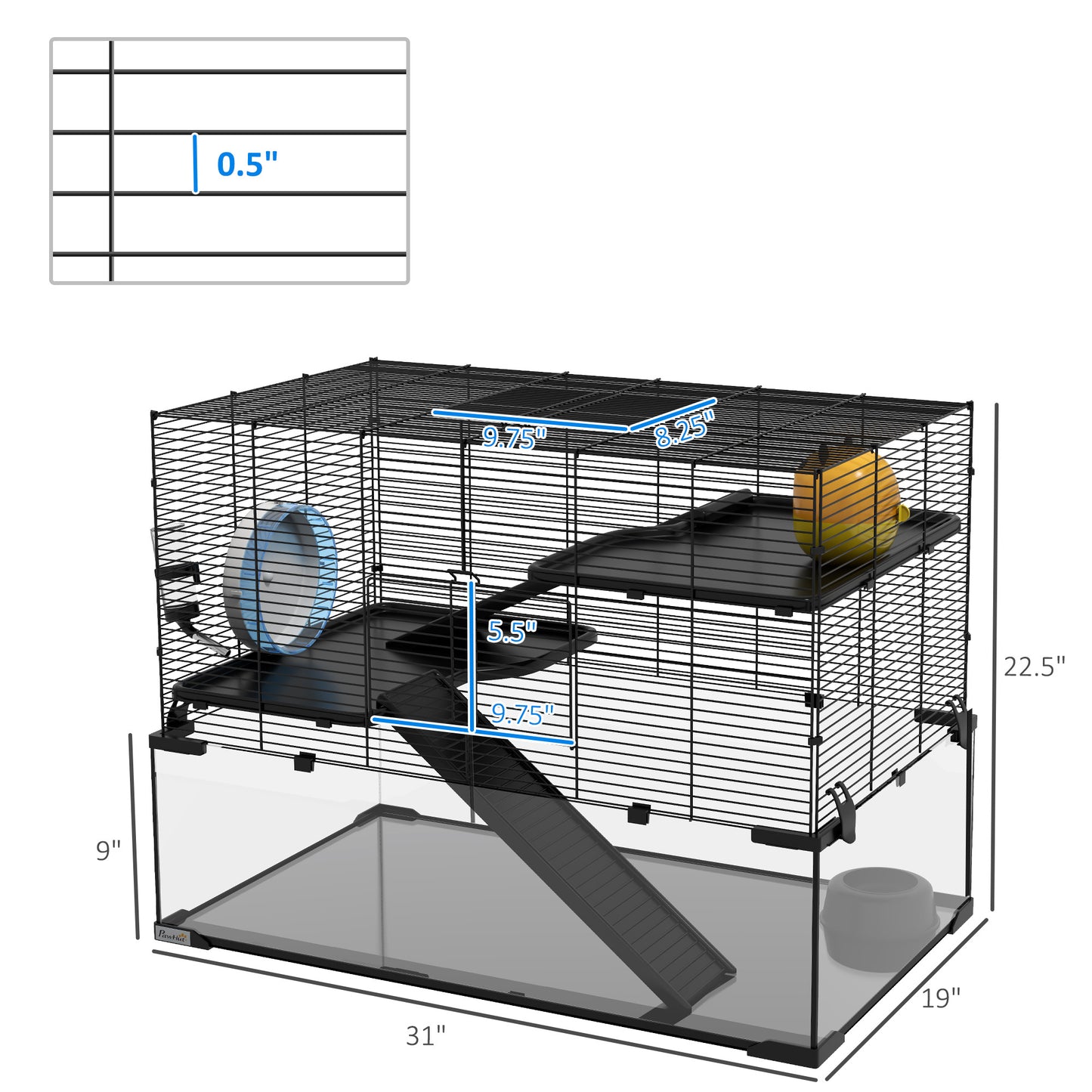 PawHut Hamster Cage, 31" Gerbil Cage with Glass Basin, Ramps, Platforms, Hut, Exercise Wheel, for Small Hamsters, Black