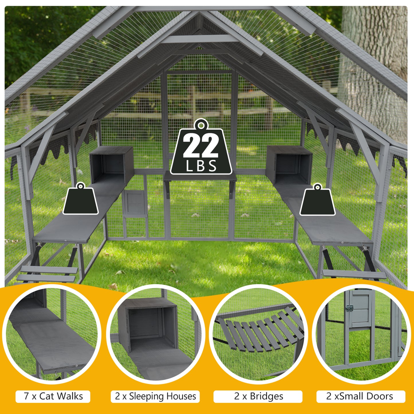 Outdoor Cat House Cat Enclosures 110" Large Kitten Playpen with Platforms,Upgrade Waterproof Cover-grey