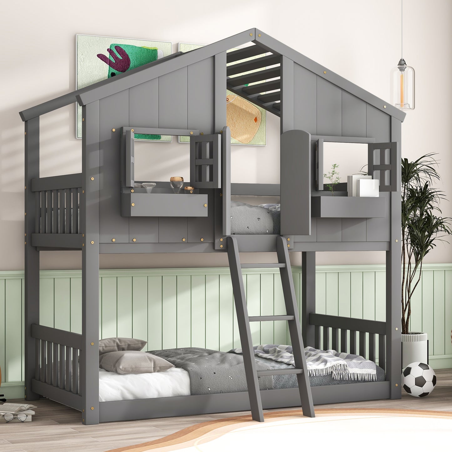 Twin over Twin House Bunk Bed with Roof , Window, Window  Box, Door , with Safety Guardrails and Ladder, Grey