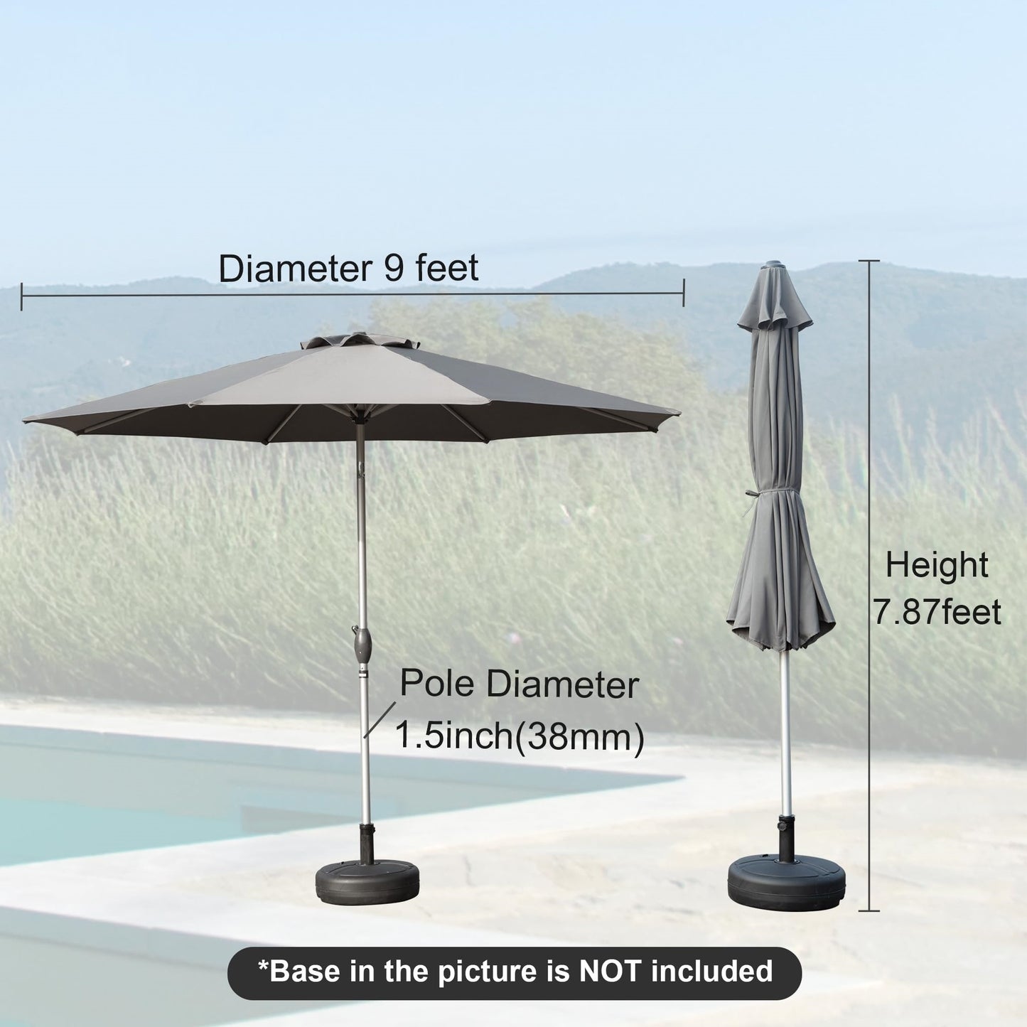 [SantaChoice] 9FT Patio Umbrella, Outdoor Table Umbrella with Push Button Tilt and Crank, UV Protection Waterproof Market Sun Umbrella with 8 Sturdy Ribs for Garden, Deck, Backyard, Pool (Gray)