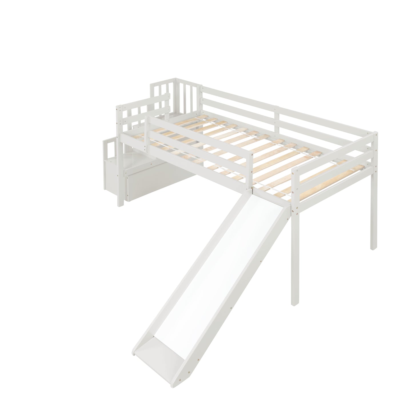 Loft Bed with Staircase, Storage, Slide, Twin size, Full-length Safety Guardrails, No Box Spring Needed, White (Old Sku:W504S00004)