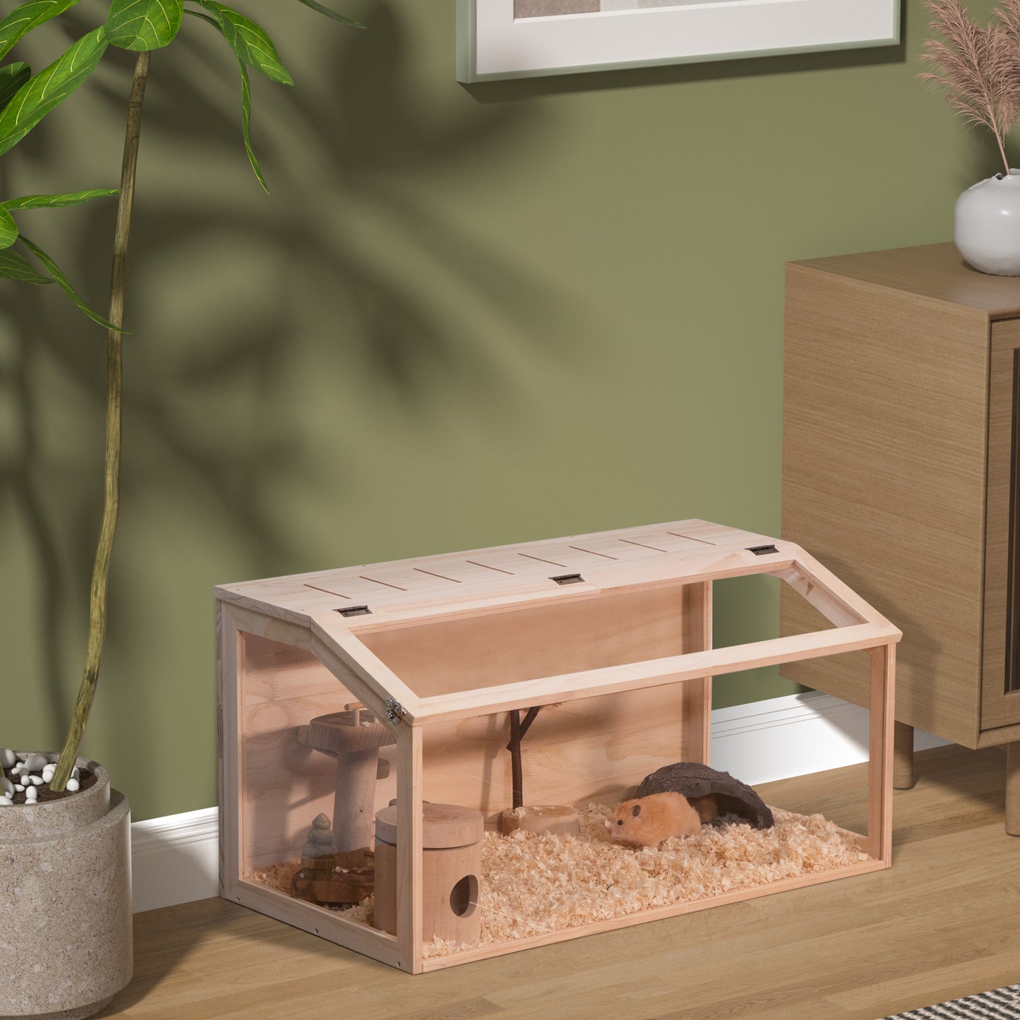 Wooden Hamster Cage Small Animals House, Acrylic Hutch for Dwarf Hamster, Guinea Pig, Chinchilla, Openable Top with Air Vents