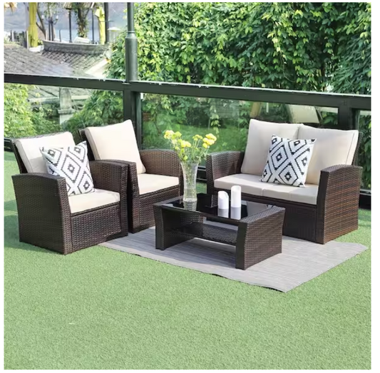 4-Pieces Outdoor Patio Furniture Set  PE Rattan Wicker with Brown