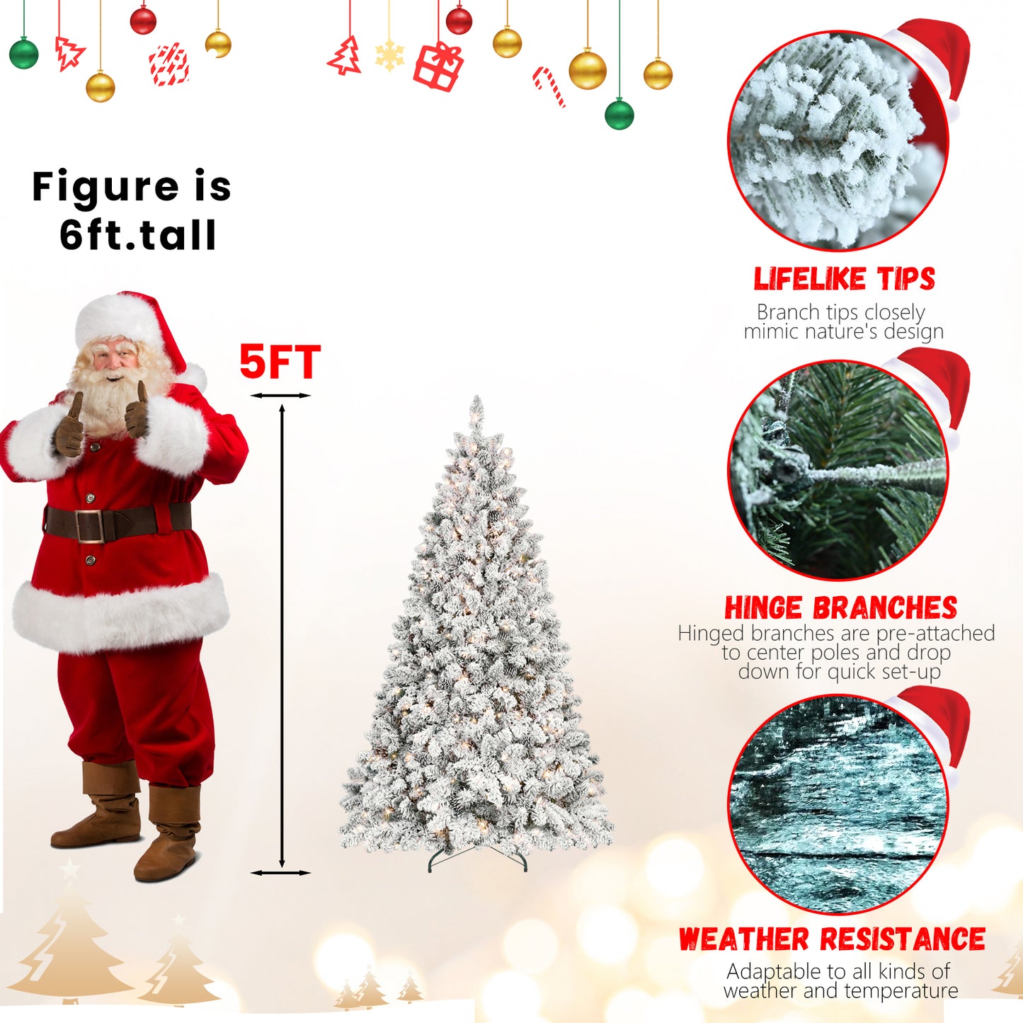 7.5ft Snow-Flocked Artificial Christmas Tree with Pine Cones, Prelit Xmas Trees, Hinged Easy Assembly & Reinforced Metal Base - Ideal for Indoor & Outdoor Festive Decorations