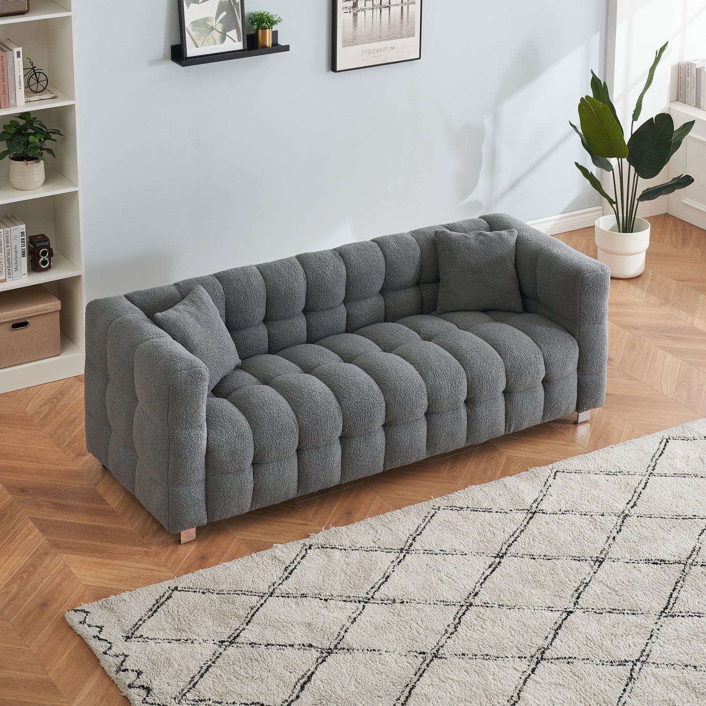 [SantaChoice] Grey teddy fleece sofa 80 inch discharge in living room bedroom with two throw pillows hardware foot support