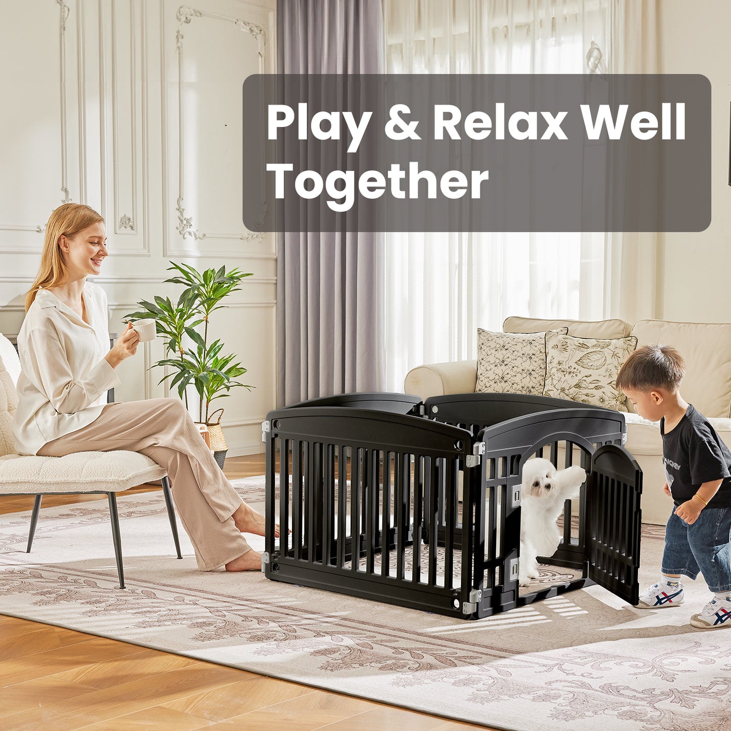 Dog Playpen Adjustable Folding Portable Pet Fence for Small to Medium Dogs Indoor Outdoor Use,4-Panel,black