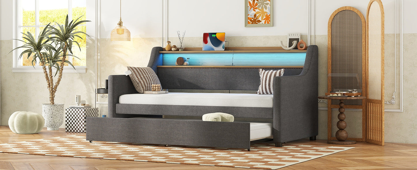 Twin Size Daybed with Trundle Bed, Upholstered Daybed with Charging Station and LED Lights, Gray