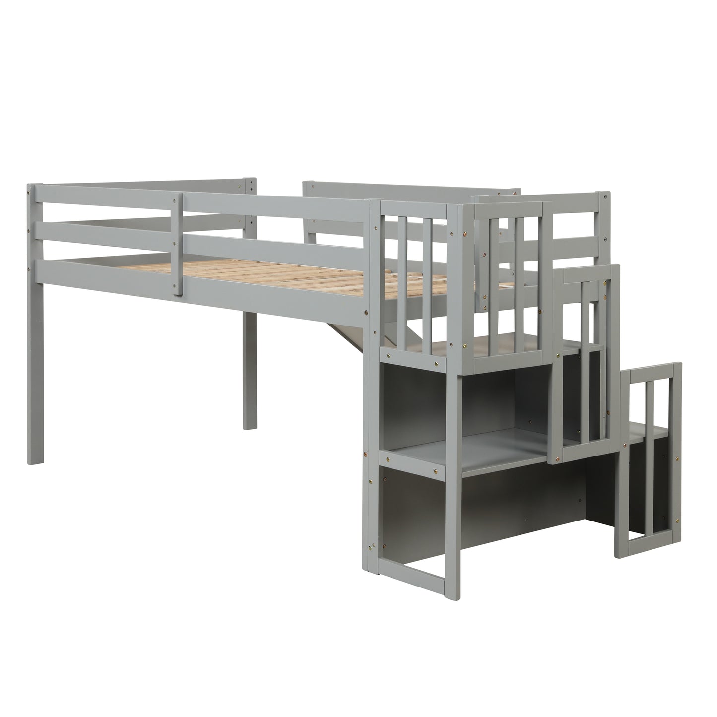 Loft Bed with Staircase, Storage, Slide, Twin size, Full-length Safety Guardrails, No Box Spring Needed, Grey (Old Sku:W504S00005)