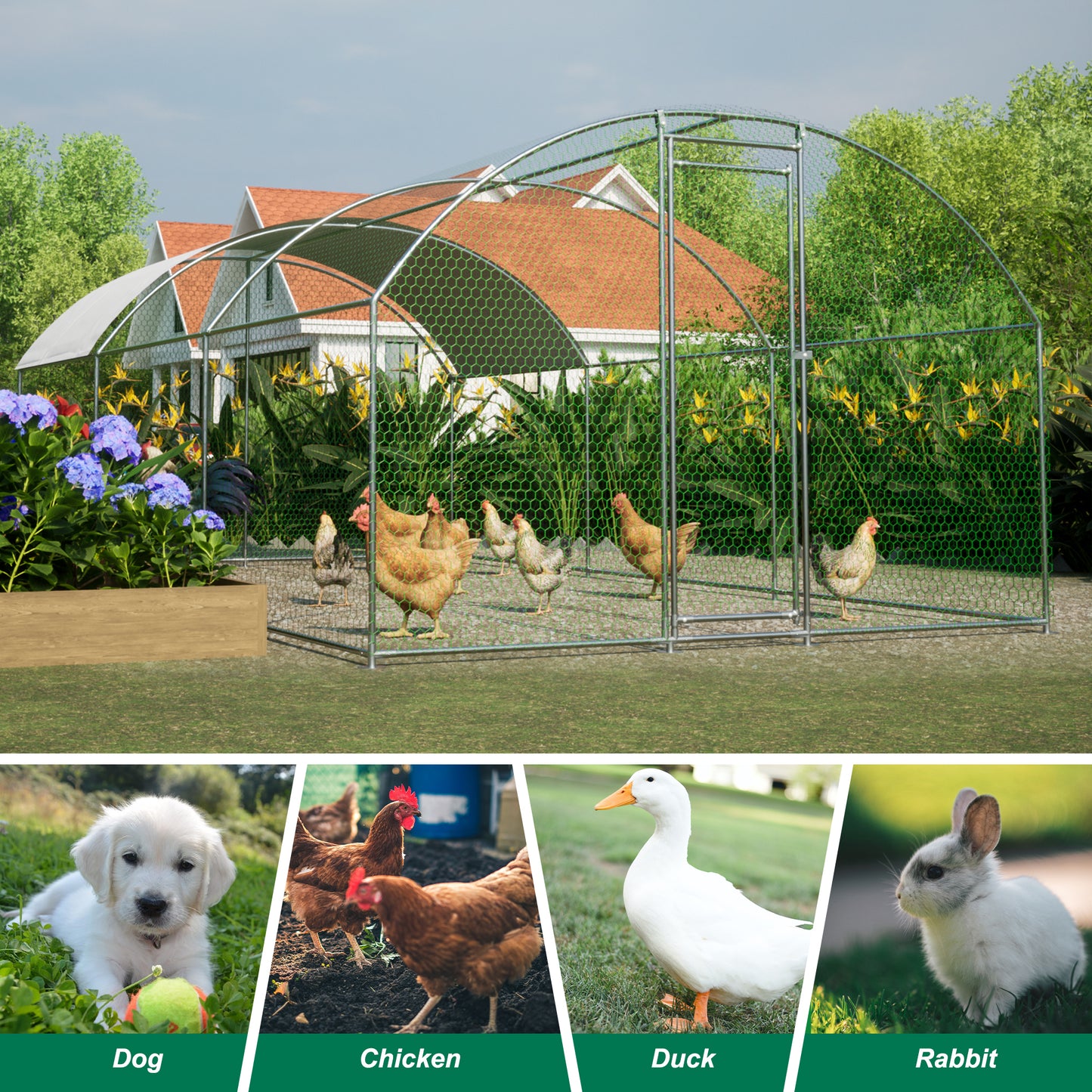 Large Chicken Coop Metal Chicken Run with Waterproof and Anti-UV Cover, Dome Shaped Walk-in Fence Cage Hen House for Outdoor and Yard Farm Use, 1" Tube Diameter, 9.84' x 19.68' x 6.56'