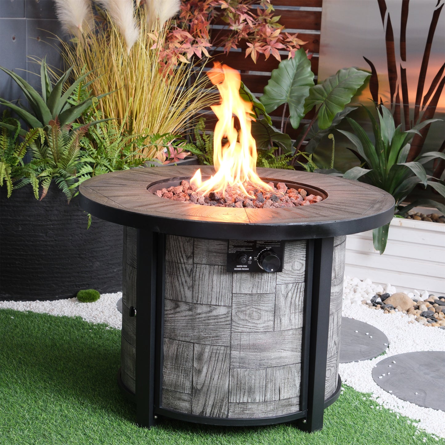 Outdoor Propane Fire Pit, Square Stonecrest Gas Fire Pit for Outside Patio, Concrete Propane Fire Table 50,000 BTU Gas Fire Pit w Lava Rocks, Waterproof Cover